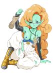  absurd_res alien alien_humanoid areola arm_grab armwear big_hair blue_eyes blush blush_lines bottomwear breast_grab breasts clothing disembodied_hand dragon_ball dragon_ball_z ear_piercing exposed_breasts eyelashes female footwear green_body green_skin grey_armwear grey_clothing hair hand_on_breast hi_res humanoid humanoid_pointy_ears jewelry long_hair necklace nipples one_eye_closed onihime_takun orange_hair pants piercing purple_areola purple_nipples shoes simple_background sitting solo thick_thighs torn_clothing white_background white_bottomwear white_clothing white_pants wide_hips yellow_clothing yellow_footwear yellow_shoes zangya 