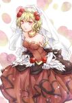  1girl bare_shoulders blonde_hair breasts bride citrinne_(fire_emblem) cleavage dress ebi_puri_(ebi-ebi) fire_emblem fire_emblem_engage gem gold_trim jewelry medium_breasts red_eyes red_gemstone solo wedding_dress 