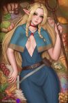  1girl arduina_(arduin_art) belt belt_pouch blonde_hair blue_dress blush book breasts breasts_apart capelet center_opening choker covered_nipples dress dungeon_meshi elf food green_eyes highres large_breasts lettuce lips long_hair looking_at_viewer lying mandrake mandrake_(dungeon_meshi) marcille_donato meat on_back parted_bangs pizza pointy_ears pouch red_choker skewer smile solo tempura treasure_bug_(dungeon_meshi) 