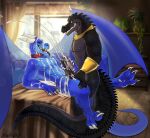  absurd_res anthro armor bed black_body black_penis black_sclera black_tongue blue_body bodily_fluids bracers branded collar crocodile crocodilian crocodylid cum cum_on_bed cum_on_chest cum_on_face cum_on_self cum_on_tongue cumshot dragon duo ejaculation frottage furniture genital_fluids genitals handjob hi_res horn humanoid_genitalia humanoid_penis kemet_(levarath) male male/male mythological_creature mythological_scalie mythology penile penis projectile_cum red_eyes reptile scalie sex spines tail tongue tongue_out twitch_(twitch) wings yaoifairy 