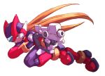  1boy archived_source armor blonde_hair closed_mouth energy_gun forehead_jewel full_body gun helmet highres holding holding_gun holding_weapon long_hair male_focus mega_man_(series) mega_man_zero_(series) nakayama_tooru non-web_source official_art red_armor red_helmet running serious simple_background solo very_long_hair weapon white_background z_saber zero(z)_(mega_man) zero_(mega_man) 