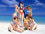  1990s_(style) 6+girls aqua_hair arimori_kei arm_around_shoulder arm_up bikini black_hair blue_bikini brown_hair character_name dark-skinned_female dark_skin day double_bun hair_bun high_heels hug hug_from_behind ishida_nagisa kneeling kubo_naoko long_hair multiple_girls navel non-web_source official_art one-piece_swimsuit one_eye_closed outdoors pink_hair red_bikini retro_artstyle sakakibara_chiharu sawada_minako short_hair sitting squatting standing striped_bikini striped_clothes swimsuit taniguchi_mari yamada_masaki yokozuwari zenkoku_seifuku_bishoujo_grand_prix 