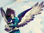  bird chrome_dokuro cloud eyepatch hug jacket katekyo_hitman_reborn! owl purple_hair sky solo sorabo wings 