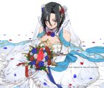  1girl 91007 black_hair bouquet breasts bridal_veil bride cleavage dress fire_emblem fire_emblem_engage fire_emblem_heroes hair_between_eyes hair_ornament jewelry long_sleeves looking_at_viewer nel_(fire_emblem) nel_(stoic_bride)_(fire_emblem) official_alternate_costume red_eyes short_hair strapless strapless_dress veil wedding_dress white_dress 