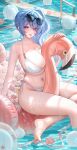 1girl absurdres azur_lane ball bare_arms bare_legs bare_shoulders barefoot between_thighs bikini blue_hair blush breasts eyewear_on_head flower hair_between_eyes heart heart-shaped_pupils highres inflatable_flamingo large_breasts looking_at_viewer official_alternate_costume petals petals_on_liquid pink_flower pool red_eyes rose side-tie_bikini_bottom side_ponytail sitting smile solo st._louis_(an_afternoon_on_the_lido_deck)_(azur_lane) st._louis_(azur_lane) string_bikini sunglasses swimsuit symbol-shaped_pupils tansuan_(ensj3875) thighs tongue tongue_out water white_bikini white_flower 