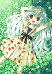  albino bad_id bad_pixiv_id clover clover_(flower) dress face flower food_print from_above grass long_hair lowres lying on_back original print_dress red_eyes ribbon smile solo strawberry_print tsunako white_hair 