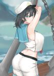  1girl absurdres anchor armpits ass belt black_hair day hat highres kuraki lake mountainous_horizon murasa_minamitsu neckerchief outdoors red_neckerchief sailor sailor_collar sailor_hat sailor_shirt ship shirt short_hair shorts sleeveless smile touhou watercraft white_shorts 