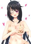  1girl ;3 ;d ahoge alternate_costume bare_shoulders bikini black_hair blush breasts calamity_saika cleavage collarbone colored_eyelashes commentary_request covered_nipples curvy eyes_visible_through_hair gold_bikini hair_between_eyes hands_up happy heart heart-shaped_boob_challenge heart-shaped_pupils heart_hands highres hoshikawa_kaguya large_breasts long_hair looking_at_viewer midriff navel one_eye_closed open_mouth red_eyes simple_background skindentation smile solo swimsuit symbol-shaped_pupils tenshi_souzou_re-boot! tsurime upper_body very_long_hair white_background 