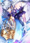  1girl absurdres aqua_eyes asymmetrical_gloves bare_shoulders birdcage blue_hair braid cage closed_mouth dress earrings facial_mark gloves head_wings highres honkai:_star_rail honkai_(series) jewelry jingxinzhiyun kneeling long_hair purple_dress robin_(honkai:_star_rail) short_sleeves smile solo two-tone_dress uneven_gloves white_dress white_gloves white_wings wings 