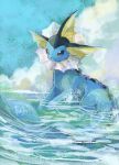 animal_focus black_eyes blue_sky bright_pupils closed_mouth cloud commentary_request fins full_body head_fins highres no_humans outdoors partially_submerged pokemon pokemon_(creature) ripples sky solo vaporeon volpecorvo water white_pupils 