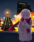  christmas christmas_lights christmas_tree city coat lowres night original outdoors red_scarf scarf solo weno weno's_blonde_original_character 