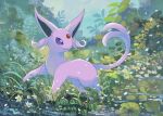  animal_focus bright_pupils closed_mouth commentary espeon falling_petals flower forehead_jewel full_body grass highres lily_pad looking_back no_humans outdoors petals pokemon pokemon_(creature) purple_eyes solo symbol-only_commentary volpecorvo white_flower white_pupils 