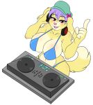  anthro big_breasts bikini breasts canid canine canis clothing domestic_dog electronics female fur hair hat_ribbon headphones huge_breasts looking_at_viewer mammal open_mouth purple_hair raised_finger record red_eyes rook_(skidd) skidd solo standing swimwear yellow_body yellow_fur 