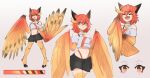  1girl animal_ears asekeu bare_shoulders bird_legs black_skirt blonde_hair bra_strap breasts commentary crop_top english_commentary gradient_wings hair_between_eyes highleg highleg_panties highres looking_at_viewer midriff multicolored_hair multicolored_wings multiple_views navel off-shoulder_shirt off_shoulder open_mouth orange_hair orange_panties orange_wings original panties red_wings shirt short_hair simple_background single_strap skirt small_breasts talons two-tone_hair underwear white_background white_shirt wings yellow_eyes 