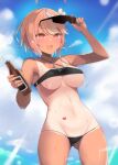  1girl ahoge bikini black_bikini blue_sky blush bottle breasts cloud day drinking_straw hair_ornament holding holding_bottle holding_removed_eyewear i-58_(kancolle) kantai_collection large_breasts multicolored_hair one-piece_tan open_mouth outdoors pink_eyes pink_hair shin_(new) sky solo sunglasses swimsuit tan tanlines unworn_eyewear water wet 