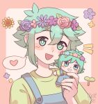  1boy absurdres aoiro_arts basil_(headspace)_(omori) basil_(omori) blue_overalls blush character_doll flower green_eyes green_hair green_shirt head_wreath heart highres holding holding_stuffed_toy looking_at_viewer omori open_mouth overalls shirt short_sleeves smile solo speech_bubble spoken_heart stuffed_toy 