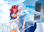  2girls artist_name bird blue_eyes blue_sky blush cloud day dress gundam gundam_suisei_no_majo hairband hand_on_another&#039;s_face highres long_hair looking_at_another miorine_rembran multiple_girls outdoors ponytail red_hair sailor_dress ship sky suletta_mercury thick_eyebrows watercraft white_hair yurisuki00 