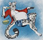  anthro bed_hair clothing eating felid hi_res knottytracker lounging male mammal pantherine pregnant pregnant_male robe snow_leopard solo tekk_(confu5ed) tired_eyes underwear watching_tv 