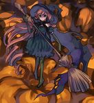  black_dress blue_eyes broom brown_hair bubble_skirt dress elbow_gloves gloves halloween hat long_hair lowres original pantyhose pocchin pumpkin scarf skirt solo witch witch_hat 