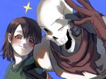  androgynous blush brown_hair chara_(undertale) open_mouth papyrus_(undertale) red_eyes scarf shirt short_hair shousan_(hno3syo) skeleton smile tagme 