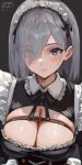 1girl alternate_costume artist_logo black_dress blue_eyes breasts cleavage cleavage_cutout clothing_cutout commentary_request dress enmaided eyes_visible_through_hair grey_hair hair_over_one_eye hamakaze_(kancolle) haruto_(harut_n) kantai_collection large_breasts maid maid_headdress one-hour_drawing_challenge short_hair solo upper_body 