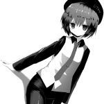 1girl abj3_0 adapted_costume arm_support beret closed_mouth collared_shirt cowboy_shot dutch_angle greyscale hat highres long_sleeves looking_at_viewer monochrome necktie pants screentones shirt short_hair simple_background sitting solo tie_clip utane_uta utau vest white_background 
