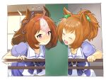  2girls :d ahoge animal_ears blush bow bowtie breasts brown_hair closed_eyes commentary furrowed_brow hair_ornament hairband hand_on_railing happy horse_ears horse_girl horseshoe_ornament large_breasts leaning_forward looking_at_another medium_hair meisho_doto_(umamusume) multicolored_hair multiple_girls naik open_mouth ponytail puffy_short_sleeves puffy_sleeves purple_bow purple_bowtie purple_eyes purple_sailor_collar purple_shirt real_life sailor_collar school_uniform shirt short_sleeves smile stable star_(symbol) star_hair_ornament summer_uniform taiki_shuttle_(umamusume) tracen_school_uniform two-tone_hair umamusume wavy_mouth white_hair white_sailor_collar 