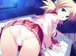  ass bed bent_over blonde_hair blue_eyes blush breasts game_cg kawata_hisashi long_sleeves looking_at_viewer looking_back medium_breasts official_art on_bed open_mouth panties pleated_skirt red_skirt sasamori_karin school_uniform sideboob skirt solo to_heart_2 to_heart_2_xrated underwear white_panties 