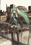  city detached_sleeves green_hair hatsune_miku long_hair necktie railing ribbon solo standing thighhighs toi8 twintails very_long_hair vocaloid wind zettai_ryouiki 