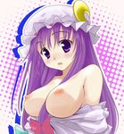  between_breasts bow breasts crescent duplicate hair_between_breasts halftone halftone_background hat jpeg_artifacts large_breasts long_hair mahan nipples off_shoulder patchouli_knowledge pink_bow purple_eyes purple_hair solo surprised touhou upper_body 