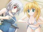  bikini blonde_hair breast_envy breast_grab breasts bust_measuring duplicate grabbing green_eyes huge_breasts kusaka_ayano kusaka_fujino looking_at_breasts mahiro_takeumi measuring multiple_girls ponytail red_eyes school_festa side-tie_bikini silver_hair swimsuit tape_measure 