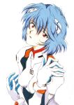  1990s_(style) animage ayanami_rei blue_hair english_commentary gloves headgear honda_takeshi looking_at_viewer magazine_scan neon_genesis_evangelion plugsuit red_eyes retro_artstyle scan science_fiction traditional_media white_background 