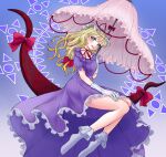  1girl bare_legs blonde_hair dress gloves hat highres mayu25_mayu25 purple_dress purple_eyes socks solo touhou umbrella white_bonnet white_gloves white_hat white_socks yakumo_yukari 