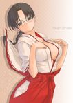  bow braid breasts brown_eyes brown_hair cleavage covered_nipples glasses hakama hands_on_own_chest highres hoshina_tomoko huge_breasts japanese_clothes long_hair miko red_hakama solo to_heart tsuina 