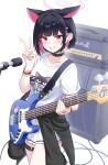  1girl absurdres animal_ears black_choker black_hair blue_archive cat_ears choker clothes_around_waist colored_inner_hair extra_ears guitar halo highres holding holding_guitar holding_instrument instrument jacket kazusa_(band)_(blue_archive) kazusa_(blue_archive) kyujuukyu looking_at_viewer multicolored_hair official_alternate_costume pink_hair pink_halo red_eyes shirt short_hair short_sleeves skirt solo v white_background white_shirt white_skirt 