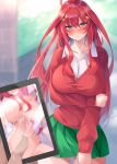  1girl 1other absurdres ahoge arm_under_breasts blue_eyes blurry blurry_background blush breasts closed_mouth collarbone cum cum_on_body cum_on_breasts cum_on_stomach dot_nose go-toubun_no_hanayome green_skirt hair_ornament highres holding holding_own_arm holding_phone large_breasts looking_at_viewer micosiva miniskirt multiple_views nakano_itsuki nude phone pov pov_hands red_hair red_sweater sexting shirt skirt solo_focus star_(symbol) star_hair_ornament sweater wavy_mouth white_shirt 