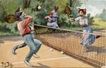 20th_century ancient_art anthro arthur_thiele ball biped bottomwear clothed clothing domestic_cat felid feline felis female footwear fully_clothed group male mammal net outside pants playing_sport shoes signature singles_tennis sport tennis tennis_ball tennis_court tennis_net traditional_media_(artwork)
