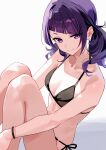  1girl :&gt; bare_arms bare_legs bare_shoulders bikini black_bikini breasts closed_mouth commentary_request diagonal_bangs highres hugging_own_legs idolmaster idolmaster_shiny_colors kinjin knees_up long_hair looking_at_viewer medium_breasts purple_eyes purple_hair solo swimsuit tanaka_mamimi twintails white_background 