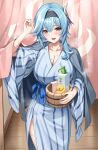  1girl alternate_costume basket bath_yukata black_hairband blue_hair blush breasts bucket cleavage cowboy_shot eula_(genshin_impact) genshin_impact hair_ornament hairband hand_up haori highres holding holding_basket indoors japanese_clothes kimono large_breasts looking_at_viewer medium_hair no-ba onsen_symbol open_mouth rubber_duck solo steaming_body striped_clothes striped_kimono sweat teeth upper_teeth_only vertical-striped_clothes vertical-striped_kimono wooden_bucket yellow_eyes yukata 