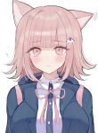  1girl ? blush breasts brown_hair collared_shirt danganronpa_(series) danganronpa_2:_goodbye_despair flipped_hair frown galaga hair_ornament hood jacket long_sleeves looking_at_viewer medium_hair mi_suri nanami_chiaki neck_ribbon notice_lines open_clothes open_jacket pink_eyes pink_ribbon ribbon shirt solo white_shirt 