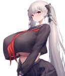  1girl absurdres alternate_breast_size azur_lane black_ribbon black_serafuku breasts formidable_(azur_lane) formidable_(the_lover&#039;s_heart_flutters_on_duty)_(azur_lane) grey_hair highres huge_breasts long_hair long_sleeves looking_at_viewer midriff navel neckerchief official_alternate_costume red_neckerchief ribbon school_uniform serafuku simple_background solo twintails two-tone_ribbon very_long_hair white_background white_ribbon yuuki_shuri 