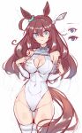  1girl absurdres ahoge animal_ears blue_eyes breasts brown_hair cleavage commentary_request grey_hairband hairband highres horse_ears horse_girl horse_tail large_breasts leotard long_hair mihono_bourbon_(umamusume) solo tail thighhighs umamusume white_leotard white_thighhighs yuuri_(sinjitu-no-yukue) 