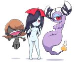  3girls :&gt; ameonna_(youkai_watch) arm_up armpits barefoot big_mouth black_hair blush breasts brown_hair colored_skin cyclops flame-tipped_tail flat_chest floating full_body fuumin_(youkai_watch) hair_horns hair_over_one_eye half-closed_eyes holding jumping kuchidakeonna long_hair monster_girl multiple_girls navel nipples no_eyes nollety nude one-eyed open_mouth pigeon-toed pointy_ears purple_skin pussy red_eyes simple_background standing swimsuit teeth umbrella white_background white_hair youkai_(youkai_watch) youkai_watch 