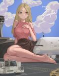  1boy 1girl absurdres aircraft airplane bare_legs barefoot blonde_hair breasts closed_mouth clothing_cutout cloud cloudy_sky dark_skin day feet giant giantess green_eyes hand_on_own_chest hand_up highres legs long_hair medium_breasts miniskirt on_ground original outdoors parted_bangs pleated_skirt short_sleeves shoulder_cutout sitting skirt sky solo_focus toenails toes twitter_username yokozuwari yukiale 