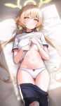  1girl ass_visible_through_thighs bed_sheet black_shorts blue_archive blush breasts closed_mouth gym_shirt gym_uniform halo hifumi_(blue_archive) highres hooming_illust light_brown_hair long_hair looking_at_viewer low_twintails medium_breasts navel panties shirt short_sleeves shorts solo twintails underwear white_panties white_shirt yellow_eyes yellow_halo 