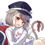  1girl :d animal_ear_fluff animal_ears cat_ears cat_girl cat_tail creature ear_piercing earrings extra_ears fang grey_hair happy hat highres holding holding_creature hug jealous jewelry lkjun_(jg010118) long_sleeves maro_(neneko_mashiro) multicolored_hair neneko_mashiro open_mouth piercing red_eyes red_hair shirt short_hair single_earring skin_fang smile stellive streaked_hair tail two-tone_hair virtual_youtuber white_shirt 