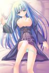  bed blue_hair blush breasts dress dress_lift elemental_gelade green_eyes large_breasts long_hair lying no_bra open_clothes open_shirt panties reverie_metherlence shirt solo uehiro underwear 