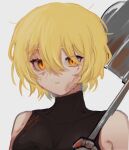  1girl absurdres bare_shoulders black_shirt blonde_hair breasts covered_collarbone don_quixote_(project_moon) empty_eyes hammer highres holding holding_hammer limbus_company looking_at_viewer mesoold parted_lips project_moon shirt sleeveless sleeveless_shirt slit_pupils solo yellow_eyes 