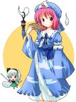  blush_stickers chibi chibi_inset dual_wielding fan folding_fan hat hitodama holding japanese_clothes katana kimono konpaku_youmu konpaku_youmu_(ghost) lantern looking_at_viewer michii_yuuki multiple_girls pink_eyes pink_hair ribbon saigyouji_yuyuko sash short_hair silver_hair smile sword touhou triangular_headpiece weapon 