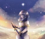  1girl armor belt black_hair breastplate cloud dusk earrings evening fire_emblem fire_emblem:_genealogy_of_the_holy_war gloves holding holding_sword holding_weapon jewelry larcei_(fire_emblem) mado-md outdoors purple_tunic sheath sheathed shoulder_armor sidelocks sky solo star_(sky) sword tunic twilight weapon 